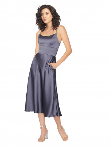 A-Linien Scoop Midi Seidiger Satin Kurze Brautjungfernkleider / Abiballkleider / Cocktailkleider / Heimkehr Kleider Websites