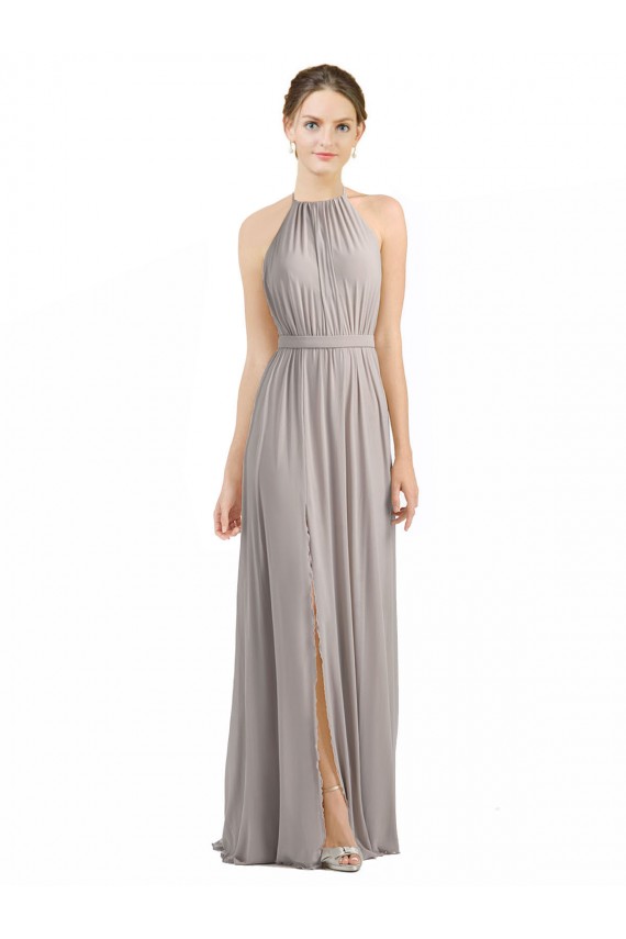 Austernsilber A-Linien Neckholder Chiffon Lange Brautjungfernkleider Websites