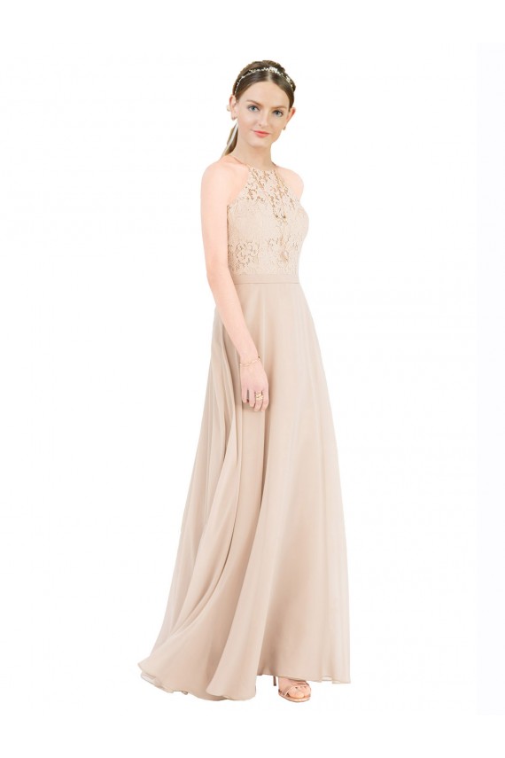 Champagner A-Linien Neckholder Stehkragen Ausschnitt Chiffon Spitze Lange Brautjungfernkleider / Abiballkleider Websites