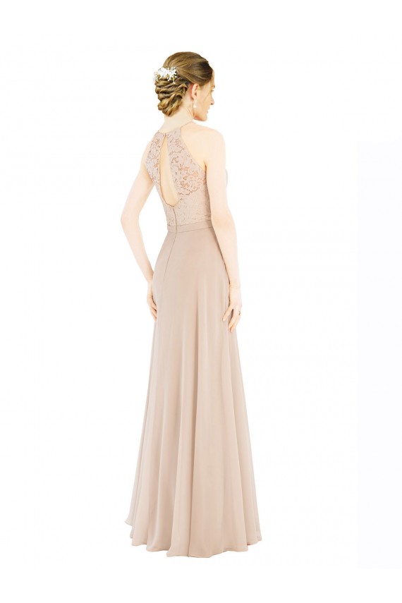 Champagner A-Linien Neckholder Stehkragen Ausschnitt Chiffon Spitze Lange Brautjungfernkleider / Abiballkleider Websites