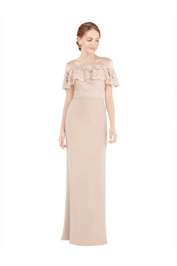 Champagner A-Linien Off-Schulter Chiffon Spitze Lange Brautjungfernkleider / Abiballkleider Websites