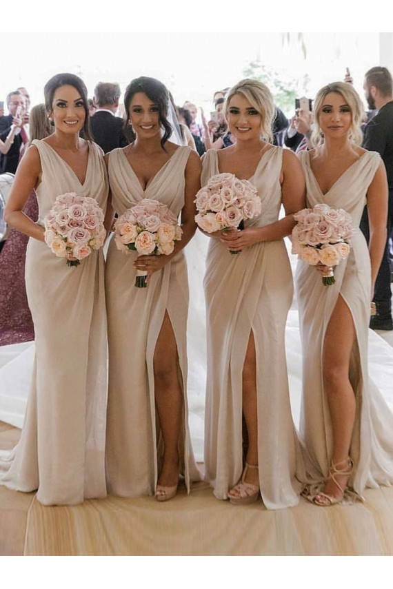 Champagner A-Linien V-Ausschnitt Chiffon Lange Brautjungfernkleider Websites