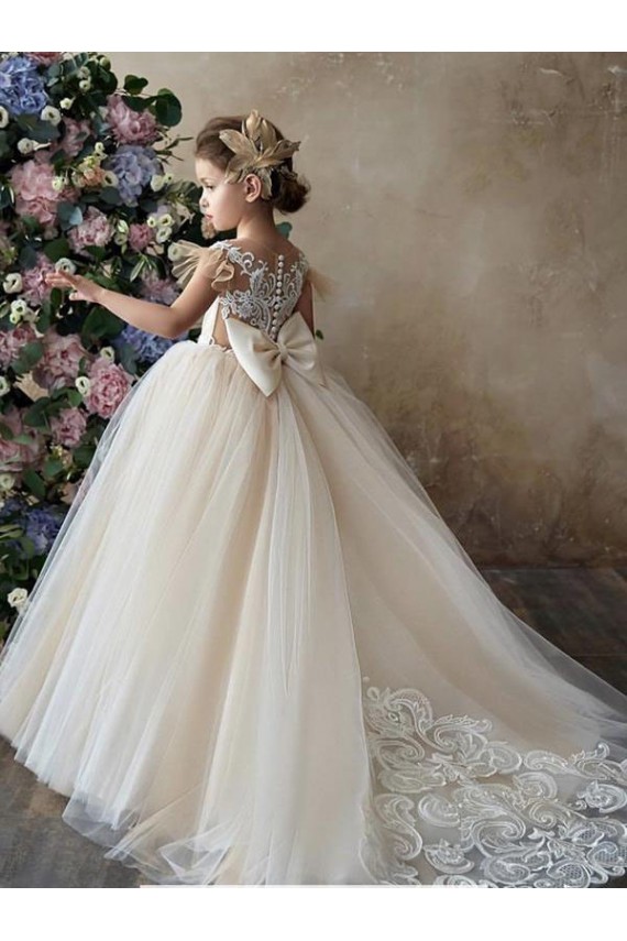 Champagner Prinzessin Kapelle-schleppe Tüll Spitze Lange Blumenmädchenkleider Websites