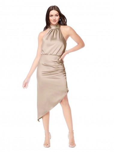 Champagner Rosa A-Linien Neckholder Midi Seidiger Satin Kurze Brautjungfernkleider / Abiballkleider / Cocktailkleider / Heimkehr Kleider Websites