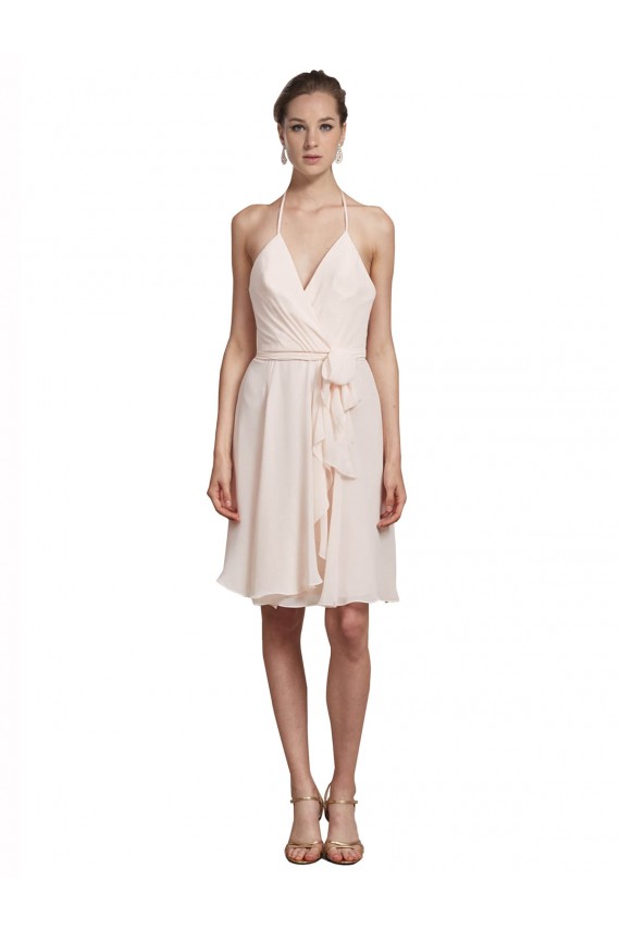 Creme Rosa A-Linien Neckholder V-Ausschnitt Knielang Chiffon Kurze Brautjungfernkleider / Cocktailkleider / Heimkehr Kleider Websites