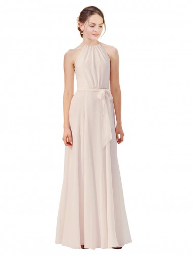 Creme Rosa A-Linien Stehkragen Ausschnitt Chiffon Lange Brautjungfernkleider Websites