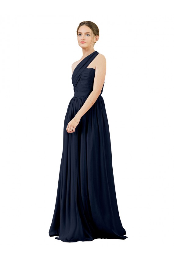 Dunkelmarine A-Linien Eine-Schulter Chiffon Lange Brautjungfernkleider Websites