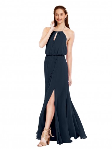 Dunkelmarine A-Linien Neckholder Chiffon Lange Brautjungfernkleider Websites
