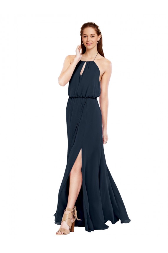 Dunkelmarine A-Linien Neckholder Chiffon Lange Brautjungfernkleider Websites