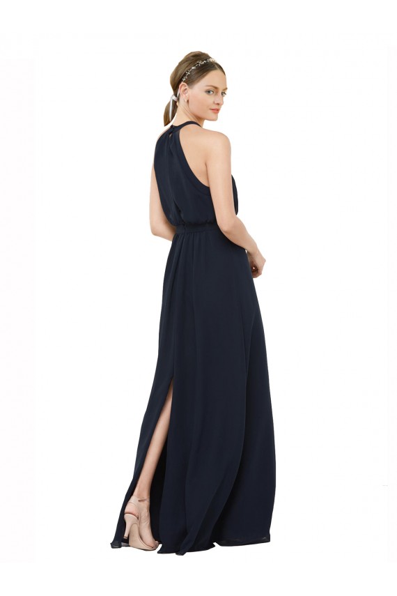 Dunkelmarine A-Linien Neckholder Stehkragen Ausschnitt Chiffon Lange Brautjungfernkleider Websites