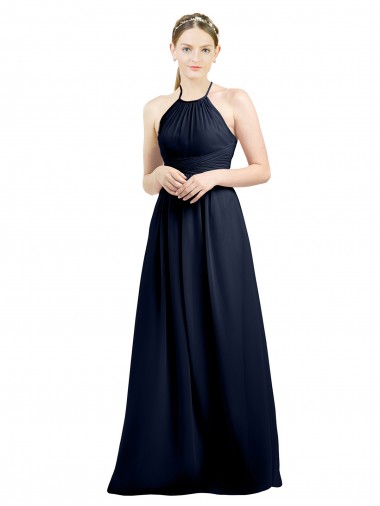 Dunkelmarine A-Linien Neckholder Stehkragen Ausschnitt Chiffon Lange Brautjungfernkleider Websites