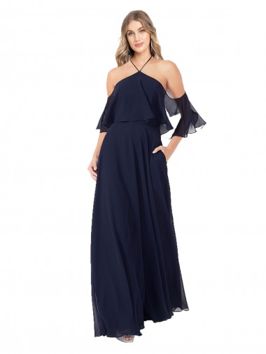 Dunkelmarine A-Linien Neckholder Stehkragen Ausschnitt Chiffon Lange Brautjungfernkleider Websites