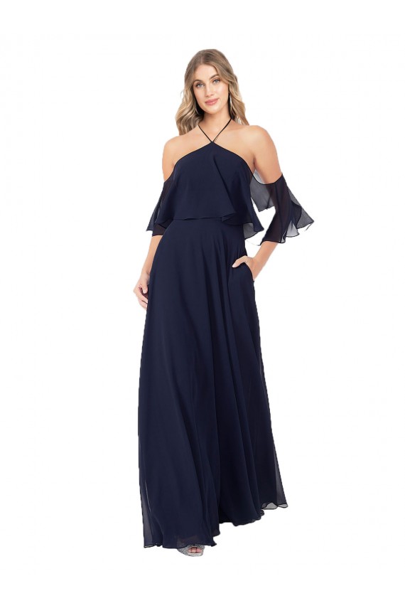 Dunkelmarine A-Linien Neckholder Stehkragen Ausschnitt Chiffon Lange Brautjungfernkleider Websites