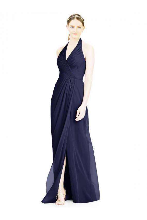 Dunkelmarine A-Linien Neckholder V-Ausschnitt Chiffon Lange Brautjungfernkleider Websites