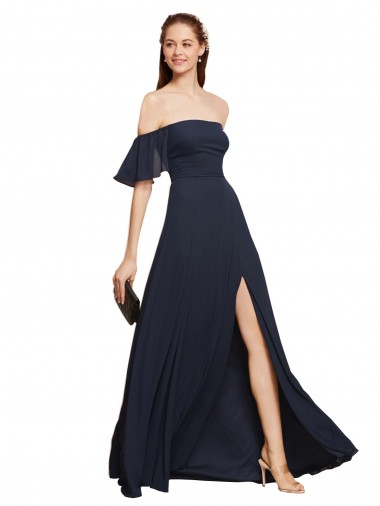 Dunkelmarine A-Linien Off-Schulter Chiffon Lange Brautjungfernkleider / Abiballkleider Websites