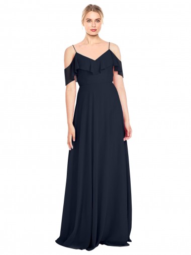 Dunkelmarine A-Linien Off-Schulter Spaghetti-Träger Chiffon Lange Brautjungfernkleider Websites