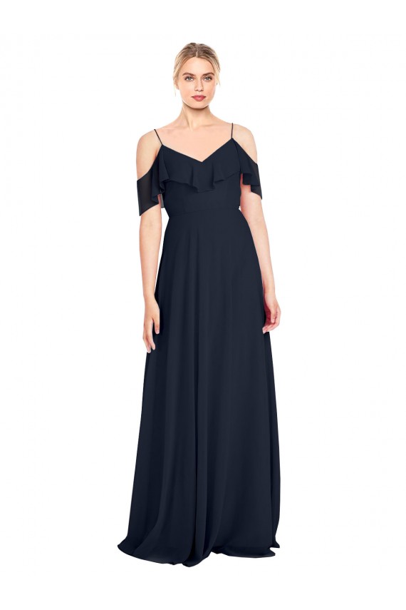 Dunkelmarine A-Linien Off-Schulter Spaghetti-Träger Chiffon Lange Brautjungfernkleider Websites