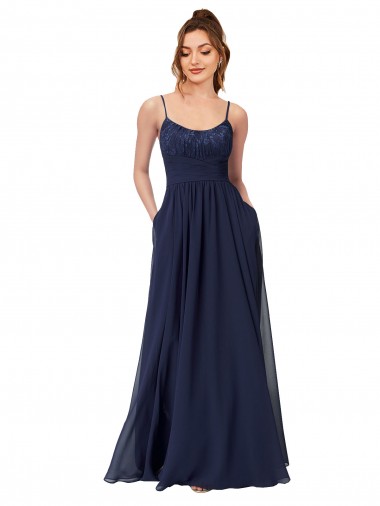 Dunkelmarine A-Linien Scoop Chiffon Spitze Lange Brautjungfernkleider Websites