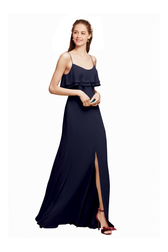 Dunkelmarine A-Linien Spaghetti-Träger Scoop Chiffon Lange Brautjungfernkleider Websites