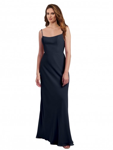Dunkelmarine A-Linien Spaghetti-Träger Scoop Chiffon Lange Brautjungfernkleider Websites