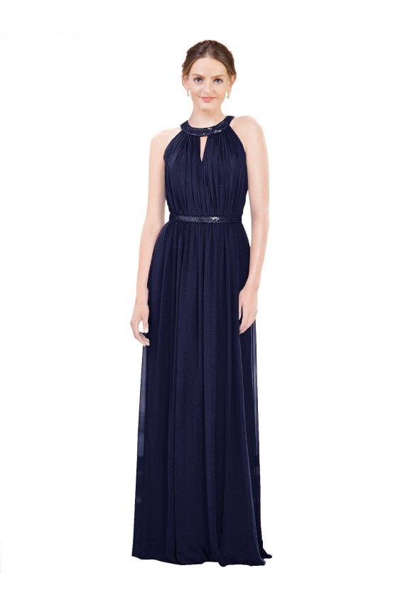 Dunkelmarine A-Linien Stehkragen Ausschnitt Chiffon Lange Brautjungfernkleider Websites