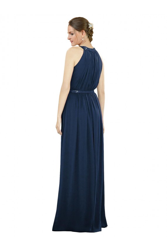 Dunkelmarine A-Linien Stehkragen Ausschnitt Chiffon Lange Brautjungfernkleider Websites