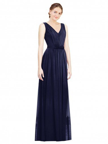 Dunkelmarine A-Linien V-Ausschnitt Chiffon Lange Brautjungfernkleider Websites