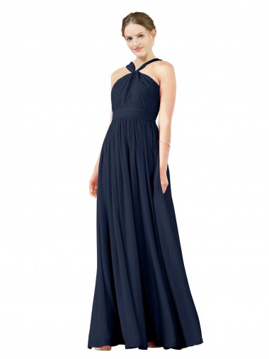 Dunkelmarine A-Linien V-Ausschnitt Chiffon Lange Brautjungfernkleider Websites