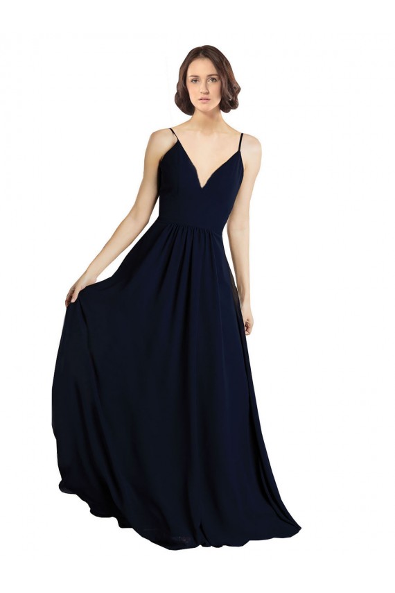 Dunkelmarine A-Linien V-Ausschnitt Chiffon Lange Brautjungfernkleider Websites