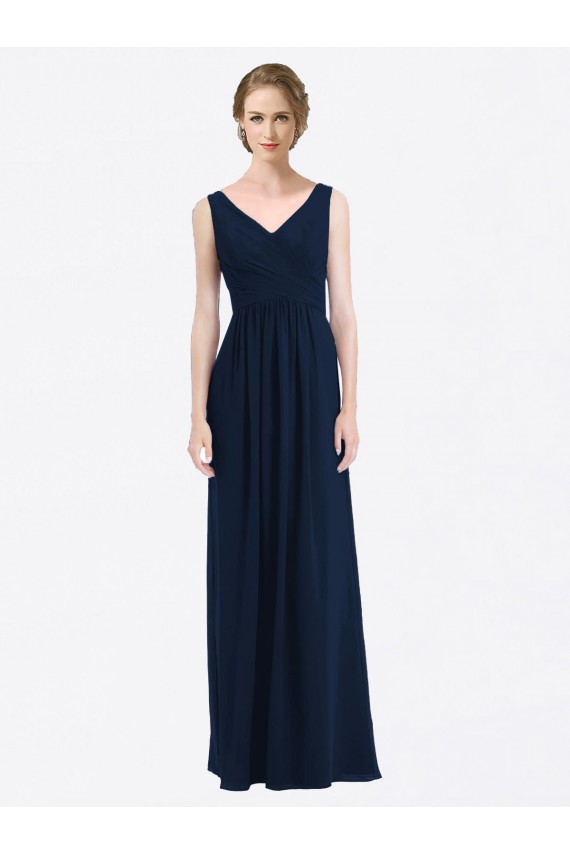 Dunkelmarine A-Linien V-Ausschnitt Chiffon Lange Brautjungfernkleider Websites