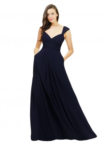 Dunkelmarine A-Linien V-Ausschnitt Chiffon Lange Brautjungfernkleider Websites