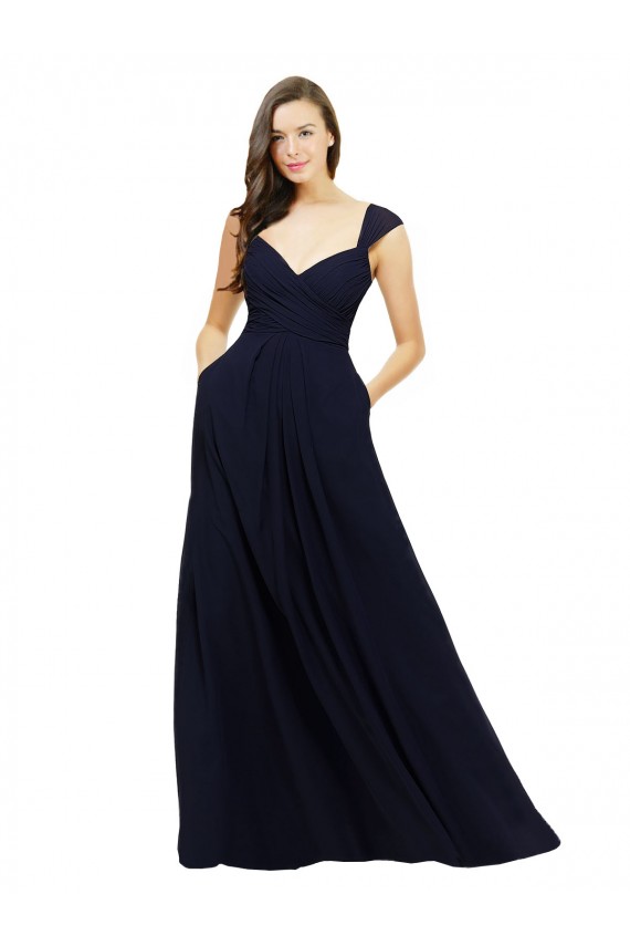 Dunkelmarine A-Linien V-Ausschnitt Chiffon Lange Brautjungfernkleider Websites
