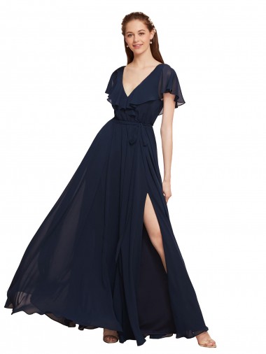 Dunkelmarine A-Linien V-Ausschnitt Chiffon Lange Brautjungfernkleider Websites