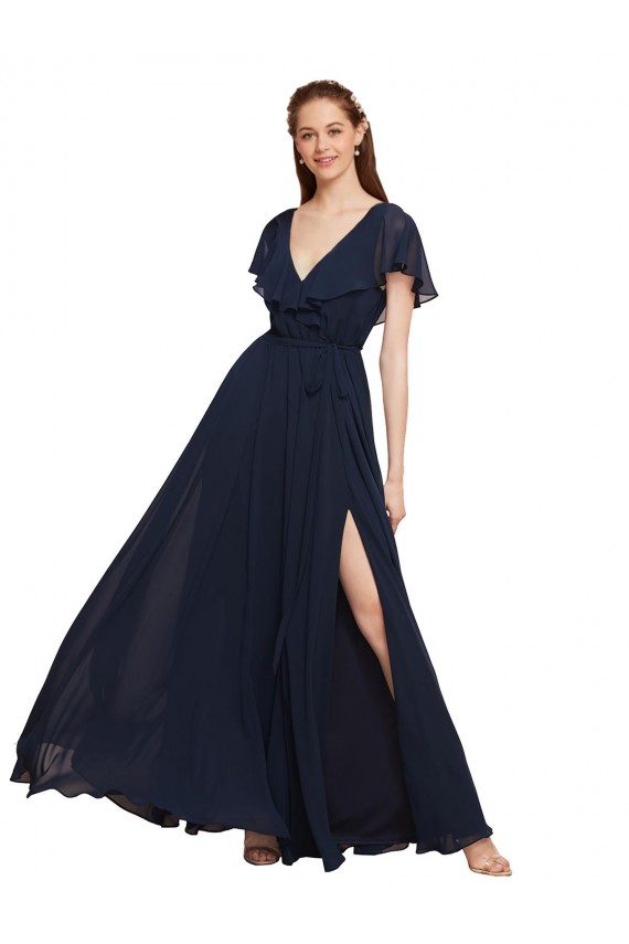 Dunkelmarine A-Linien V-Ausschnitt Chiffon Lange Brautjungfernkleider Websites