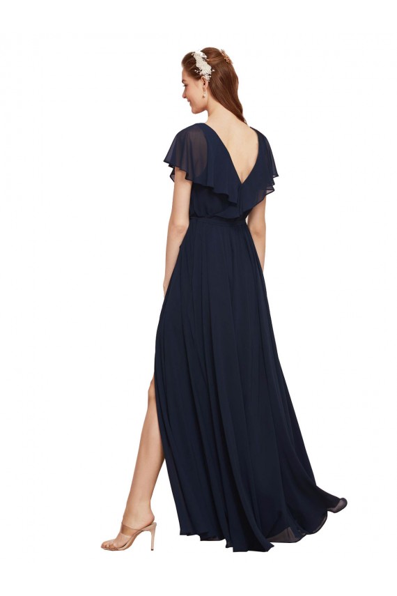Dunkelmarine A-Linien V-Ausschnitt Chiffon Lange Brautjungfernkleider Websites