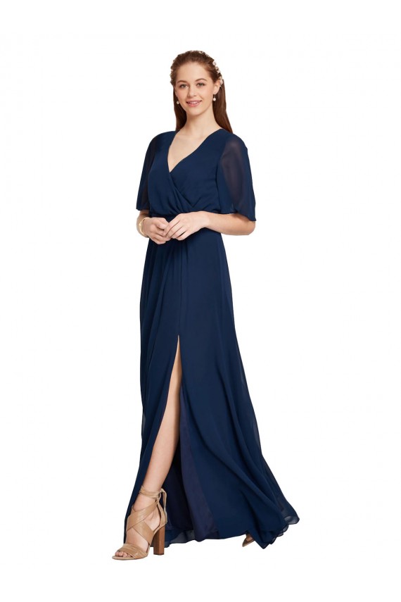 Dunkelmarine A-Linien V-Ausschnitt Chiffon Lange Brautjungfernkleider Websites