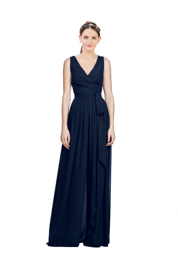 Dunkelmarine A-Linien V-Ausschnitt Chiffon Lange Brautjungfernkleider Websites