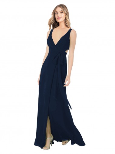 Dunkelmarine A-Linien V-Ausschnitt Chiffon Lange Brautjungfernkleider Websites