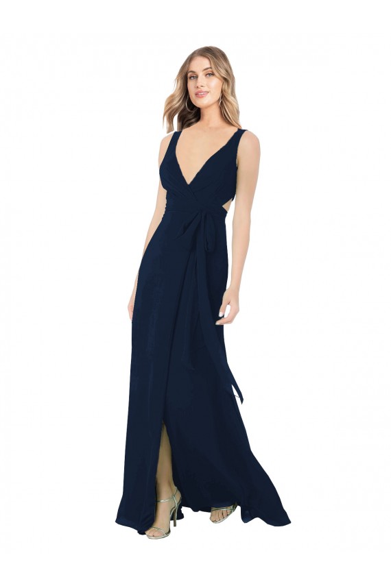 Dunkelmarine A-Linien V-Ausschnitt Chiffon Lange Brautjungfernkleider Websites