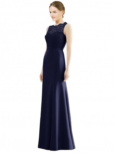 Dunkelmarine Meerjungfrau Illusion Ausschnitt Chiffon Spitze Lange Brautjungfernkleider Websites