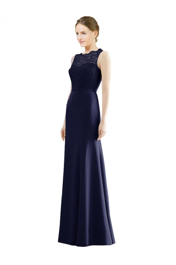 Dunkelmarine Meerjungfrau Illusion Ausschnitt Chiffon Spitze Lange Brautjungfernkleider Websites