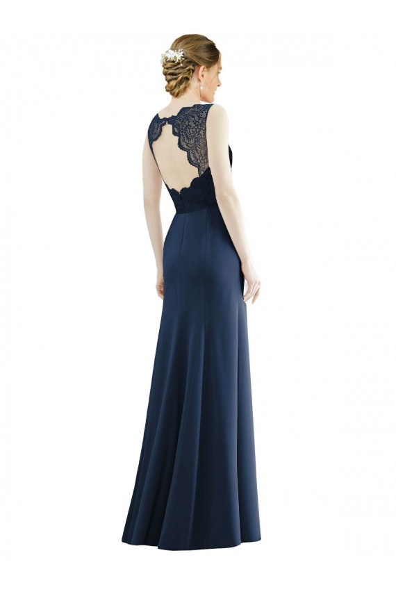 Dunkelmarine Meerjungfrau Illusion Ausschnitt Chiffon Spitze Lange Brautjungfernkleider Websites
