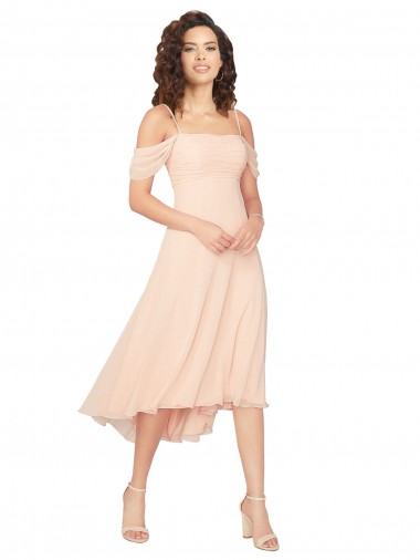 Eisrosa A-Linien Quadrat Ausschnitt Midi Chiffon Kurze Brautjungfernkleider Websites