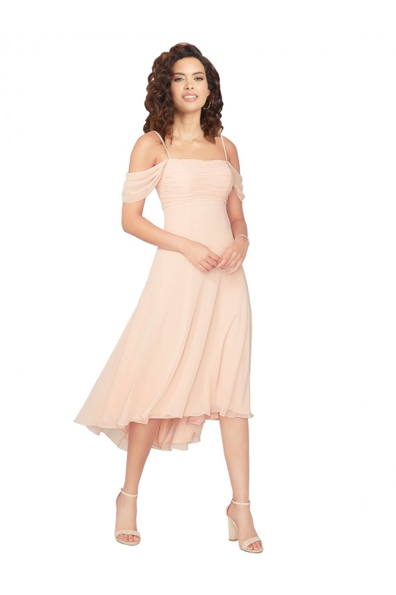 Eisrosa A-Linien Quadrat Ausschnitt Midi Chiffon Kurze Brautjungfernkleider Websites