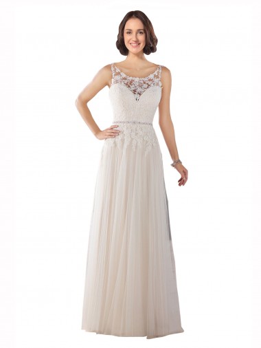 Elfenbein & Champagner A-Linien Illusion Ausschnitt Sweep Zug Tüll Boho Brautkleider Websites