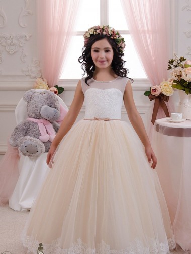 Elfenbein & Champagner Prinzessin Tüll Spitze Lange Blumenmädchenkleider Websites