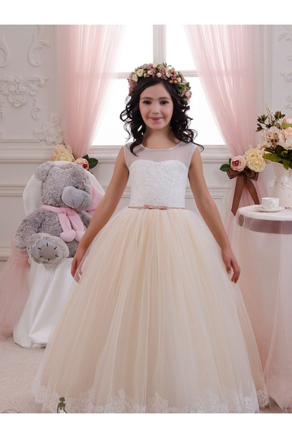 Elfenbein & Champagner Prinzessin Tüll Spitze Lange Blumenmädchenkleider Websites