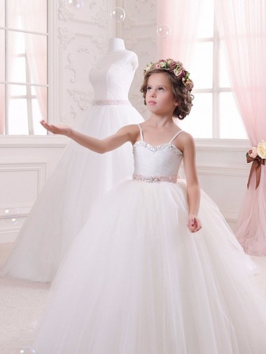 Elfenbein Prinzessin Kapelle-schleppe Tüll Lange Blumenmädchenkleider Websites