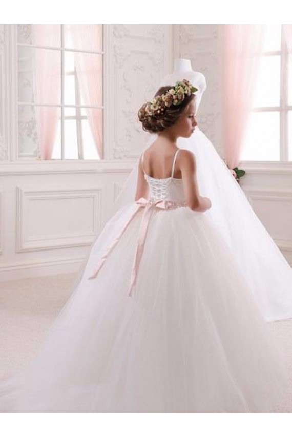 Elfenbein Prinzessin Kapelle-schleppe Tüll Lange Blumenmädchenkleider Websites