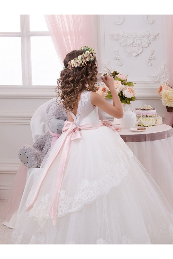 Elfenbein Prinzessin Kapelle-schleppe Tüll Spitze Lange Blumenmädchenkleider Websites